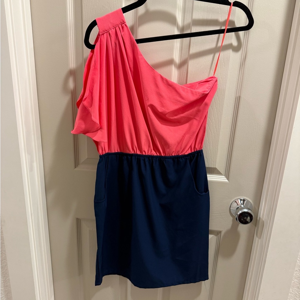 One-Shoulder Pink and Navy Dress